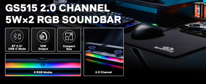 Redragon GS515 RGB Desktop Soundbar 2.0 Channel Stereo Computer Speakers for Desktop Bluetooth 5.3, USB-C/USB Powered, Black