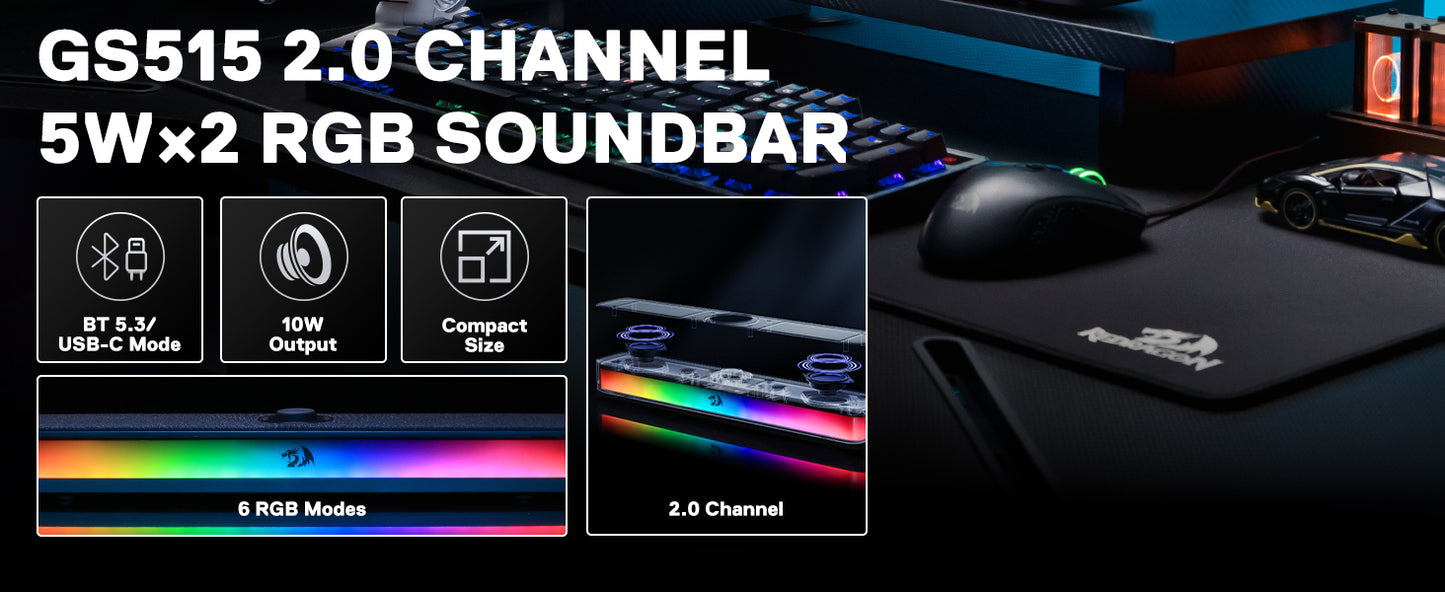 Redragon GS515 RGB Desktop Soundbar 2.0 Channel Stereo Computer Speakers for Desktop Bluetooth 5.3, USB-C/USB Powered, Black
