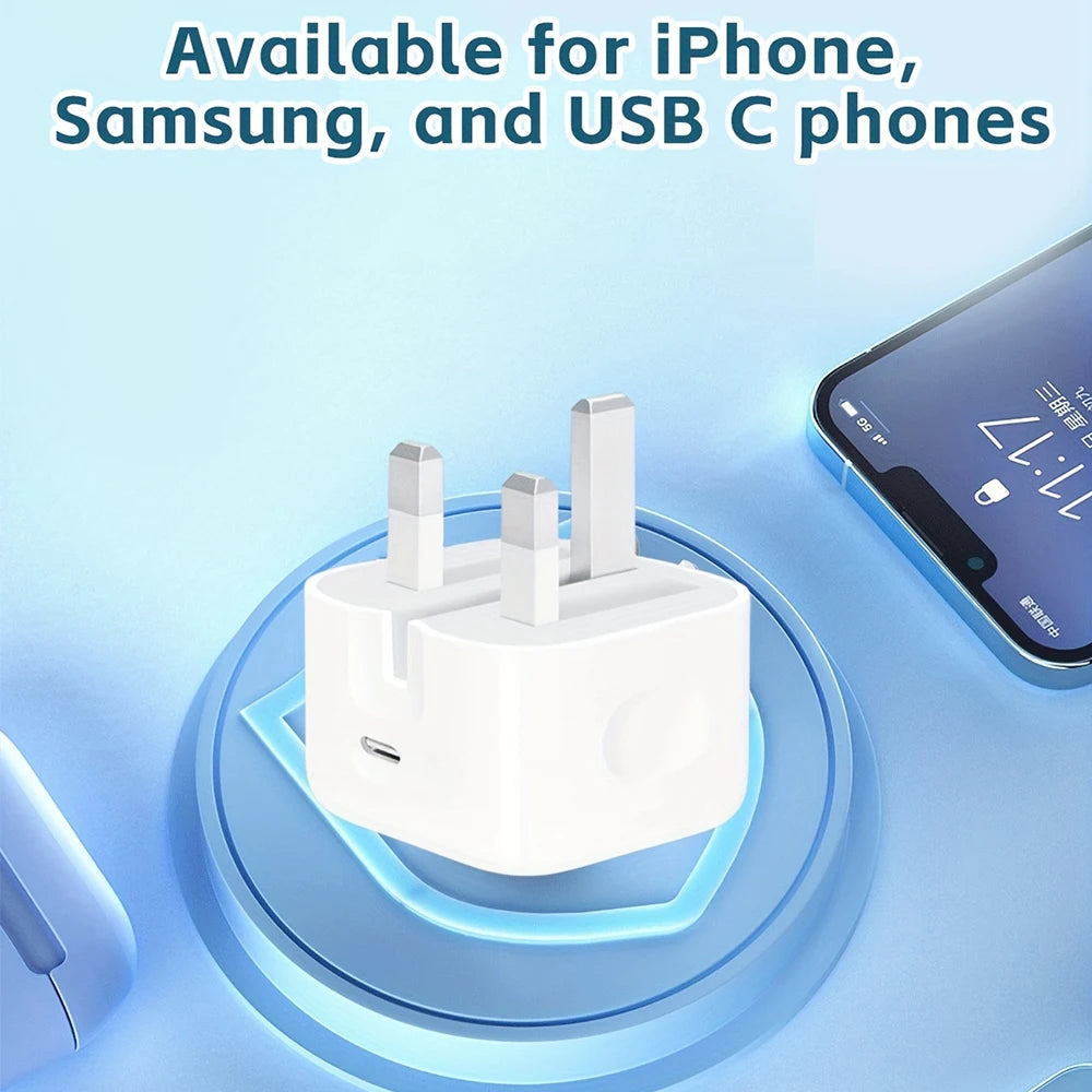 UK Plug Foldable 20W Mobile Phone Adapter With 2m Dual Type-C Cable