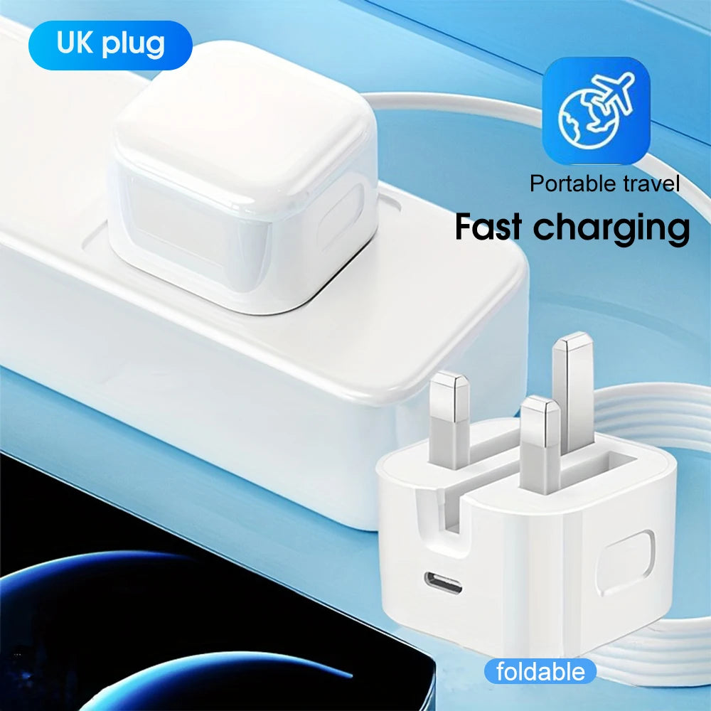 UK Plug Foldable 20W Mobile Phone Adapter With 2m Dual Type-C Cable