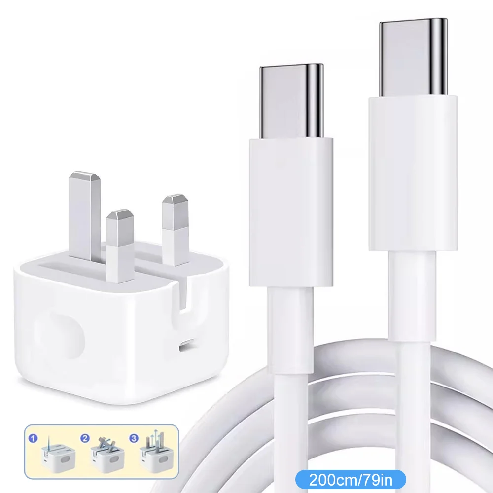 UK Plug Foldable 20W Mobile Phone Adapter With 2m Dual Type-C Cable