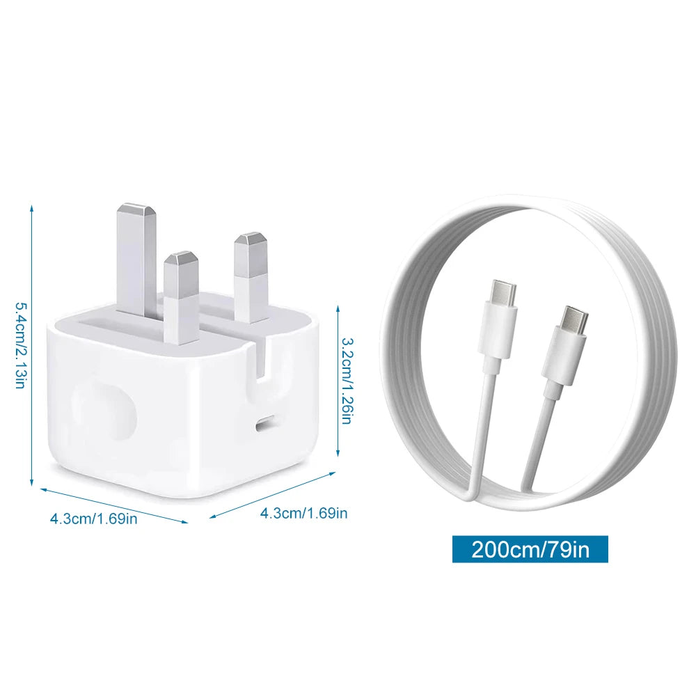 UK Plug Foldable 20W Mobile Phone Adapter With 2m Dual Type-C Cable