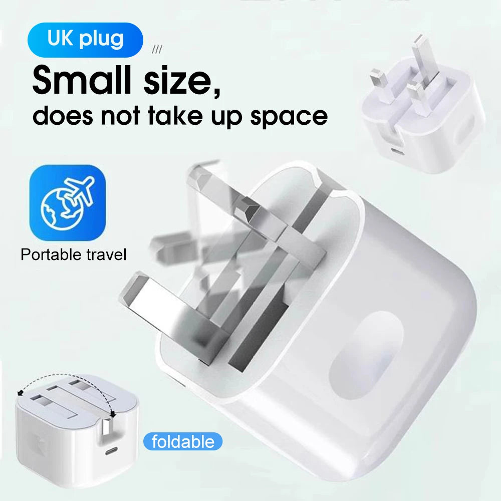 UK Plug Foldable 20W Mobile Phone Adapter With 2m Dual Type-C Cable