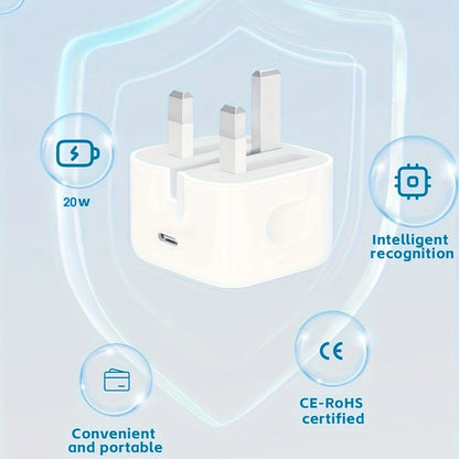 UK Plug Foldable 20W Mobile Phone Adapter With 2m Dual Type-C Cable