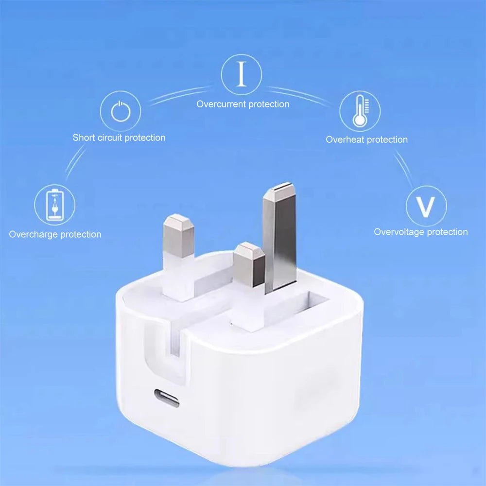 UK Plug Foldable 20W Mobile Phone Adapter With 2m Dual Type-C Cable