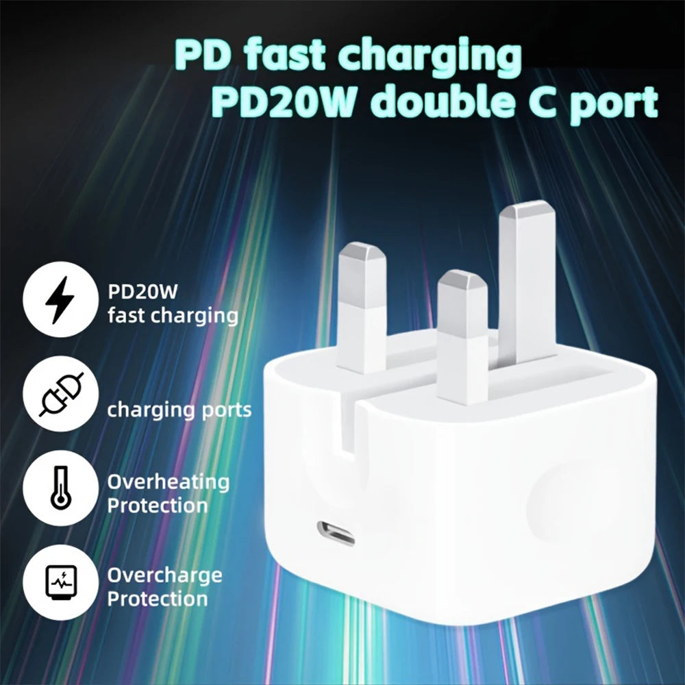 UK Plug Foldable 20W Mobile Phone Adapter With 2m Dual Type-C Cable