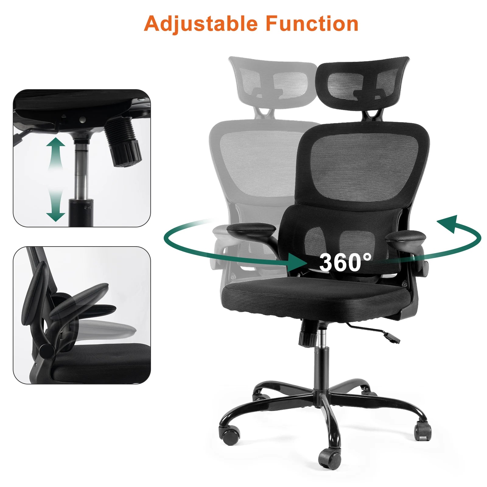 Gwong Ergonomic Office Chair Desk Chair with Folding Armrest Height-Adjustable Breathable Backrest Swivel Gaming Chair