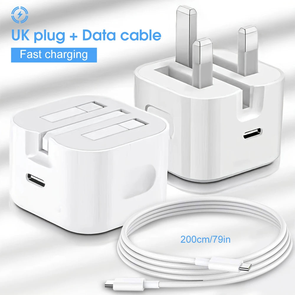 UK Plug Foldable 20W Mobile Phone Adapter With 2m Dual Type-C Cable
