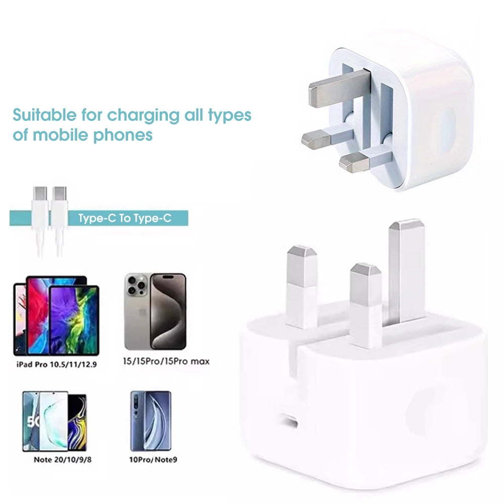 UK Plug Foldable 20W Mobile Phone Adapter With 2m Dual Type-C Cable