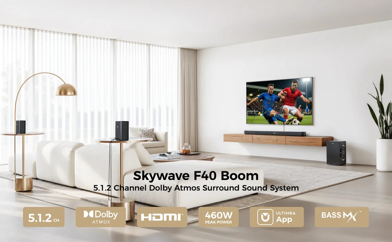 ULTIMEA Skywave F40 Boom 5.1.2ch Sound Bar with Dolby Atmos, Surround Sound System for TV with Subwoofer & 2 Surround Speakers