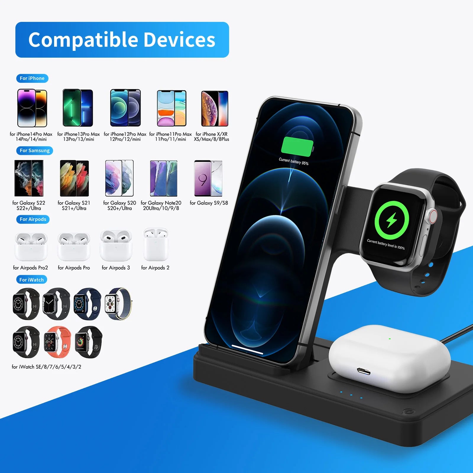 3 In 1 Wireless Charging Station Magnetic Fast Charging 18W Foldable Charging Station