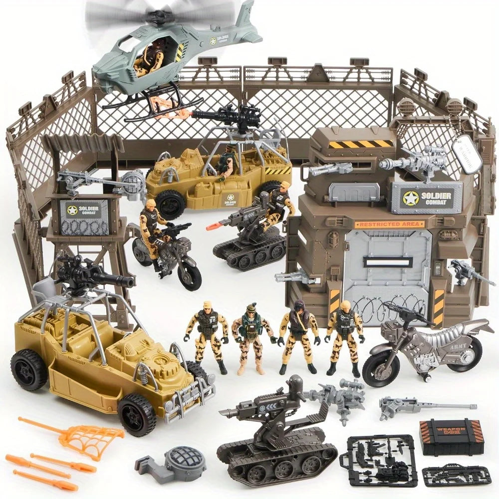 JOYFY Military Base Toys Set Including Army Vehicles Army Men Action Figures and Weapon Gear for Boys