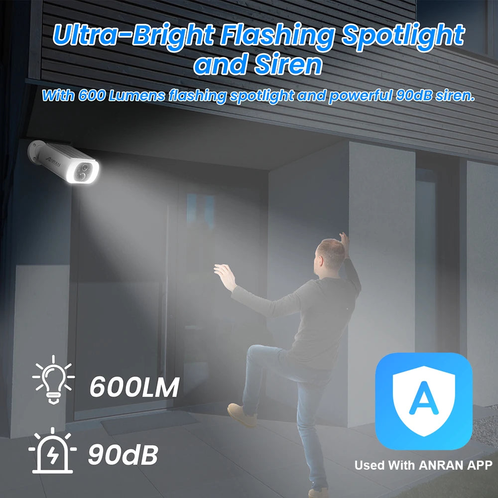 ANRAN 2K Solar Security Camera 3/5MP Outdoor Wireless 2.4G WIFI Camera Battery Cam Floodlight Color Night Vision