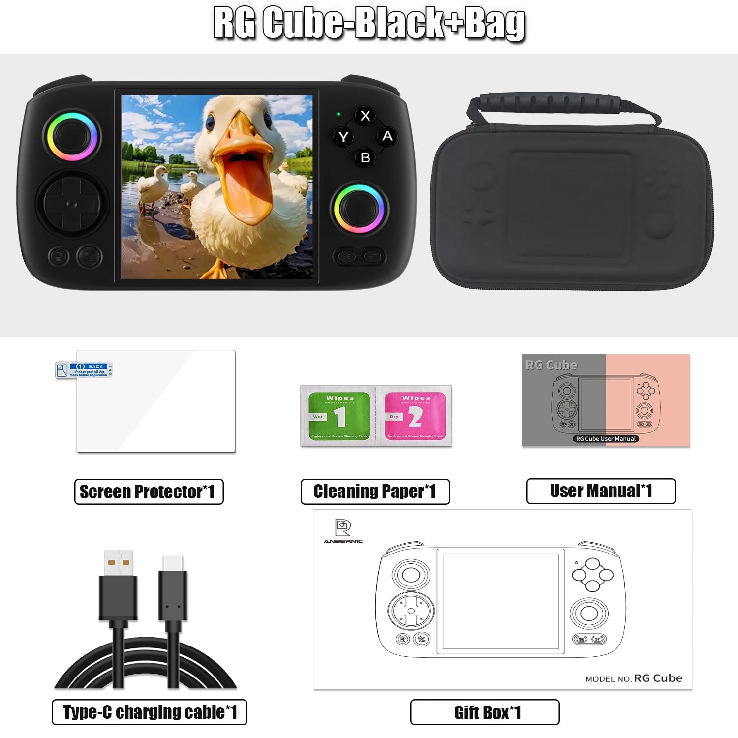 ANBERNIC RG Cube Retro Handheld Game Console 64bit Android 13 T820 3.95 Inch IPS Screen Hall Joystick RGB lighting effect