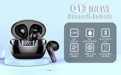 Q13 Bluetooth 5.4 Earbuds | 47H Playtime LED Display | IP7 Waterproof HiFi Sound ENC Mic | Touch Control Wireless Headphones.
