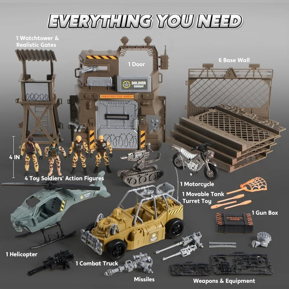 JOYFY Military Base Toys Set Including Army Vehicles Army Men Action Figures and Weapon Gear for Boys