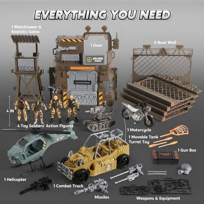 JOYFY Military Base Toys Set Including Army Vehicles Army Men Action Figures and Weapon Gear for Boys