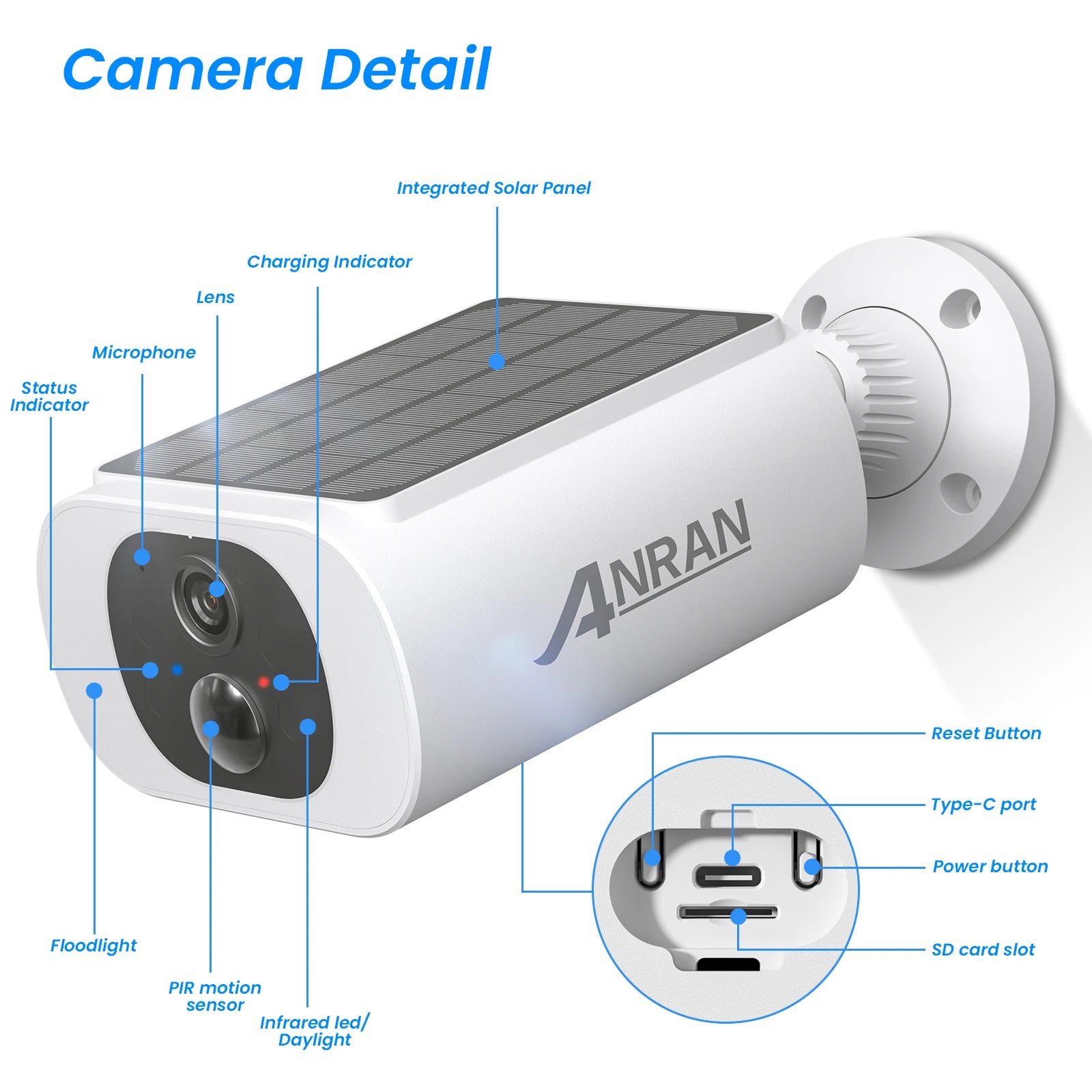 ANRAN 2K Solar Security Camera 3/5MP Outdoor Wireless 2.4G WIFI Camera Battery Cam Floodlight Color Night Vision