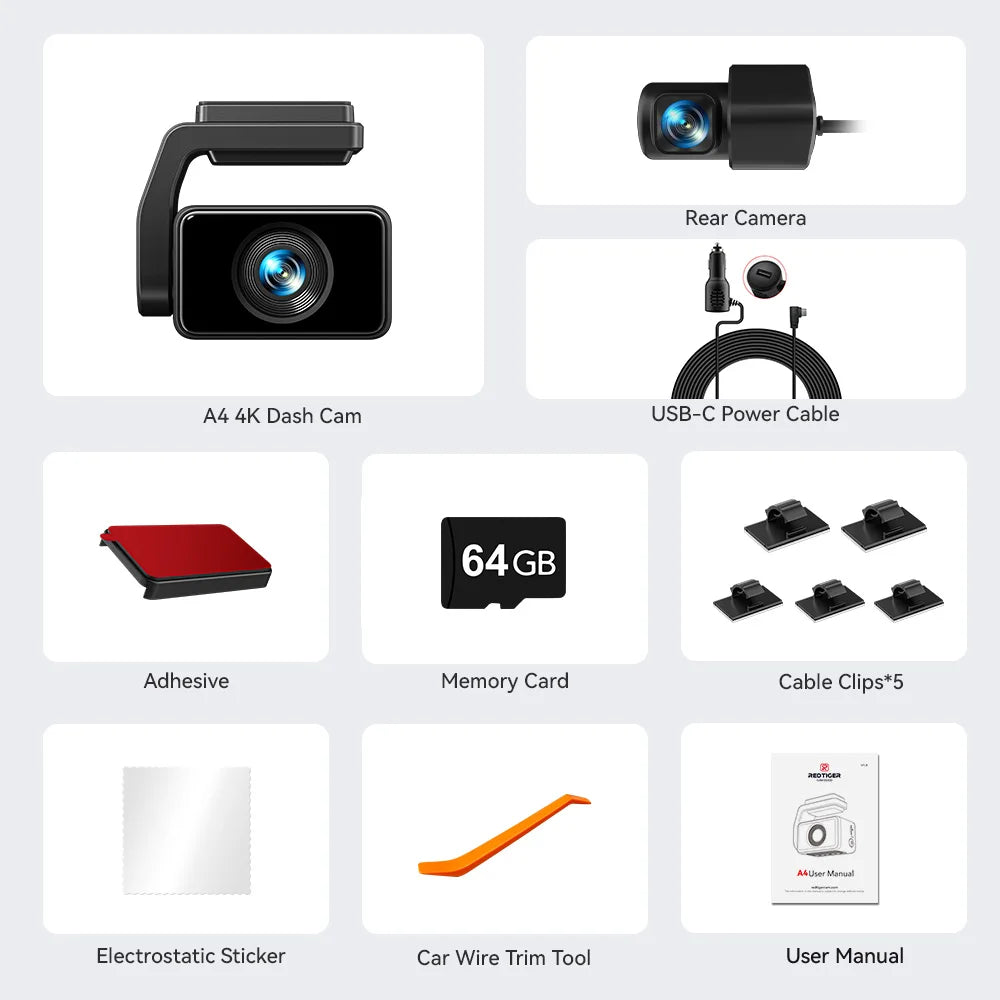 REDTIGER A4 Dash Camera Front and Rear 4K Dash Cam Drive Recorder