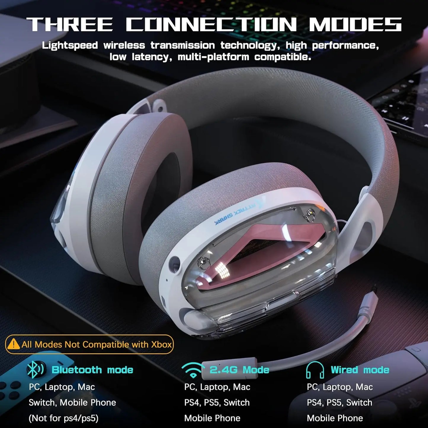 ATTACK SHARK L60 Ultra-light Gaming Headphone, 2.4G/BT/Wired Tri-mode, Wireless with Usb & Type C Receiver, Detachable Mic