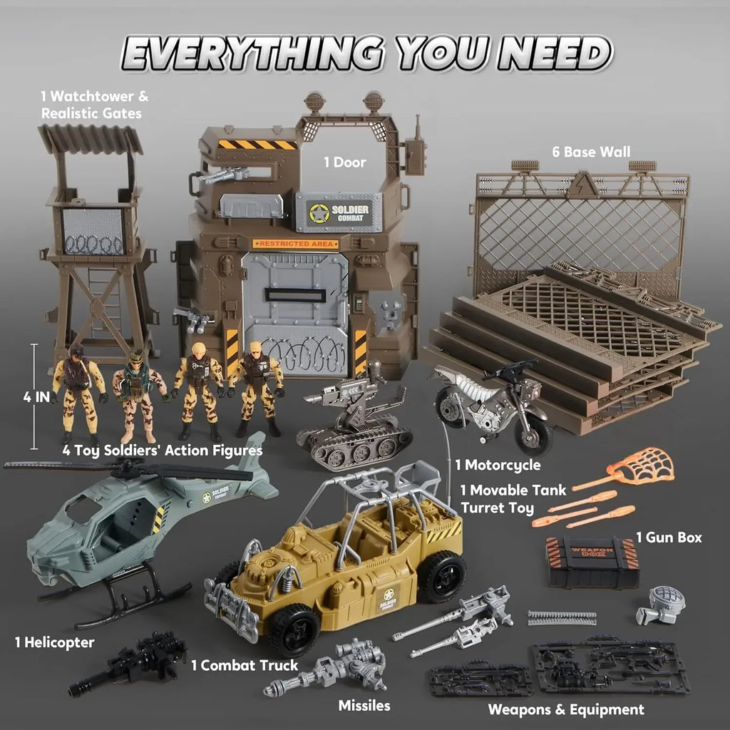 JOYFY Military Base Toys Set Including Army Vehicles Army Men Action Figures and Weapon Gear for Boys