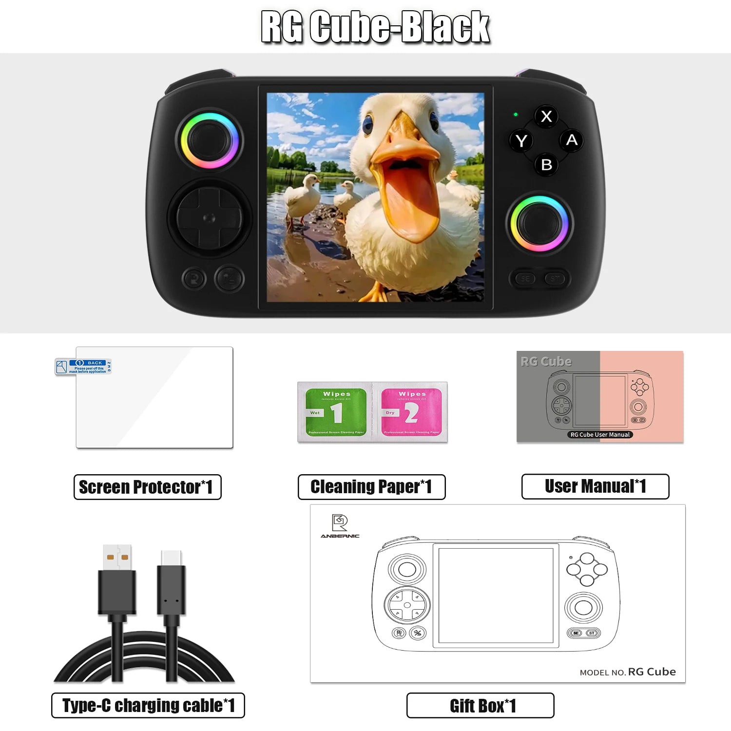 ANBERNIC RG Cube Retro Handheld Game Console 64bit Android 13 T820 3.95 Inch IPS Screen Hall Joystick RGB lighting effect