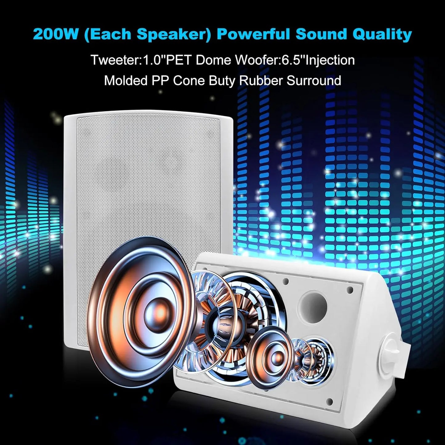 Herdio 6.5" 400W 2PCS Indoor Outdoor Waterproof Bluetooth Speakers Wall Mount Speakers