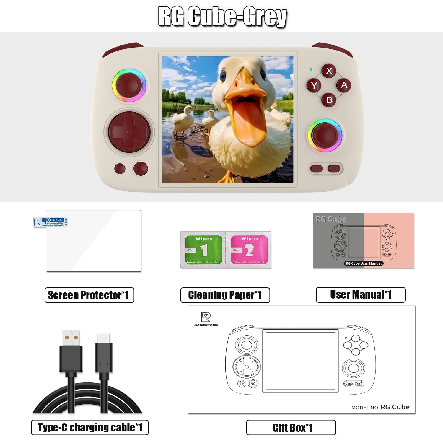 ANBERNIC RG Cube Retro Handheld Game Console 64bit Android 13 T820 3.95 Inch IPS Screen Hall Joystick RGB lighting effect