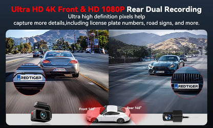 REDTIGER A4 Dash Camera Front and Rear 4K Dash Cam Drive Recorder