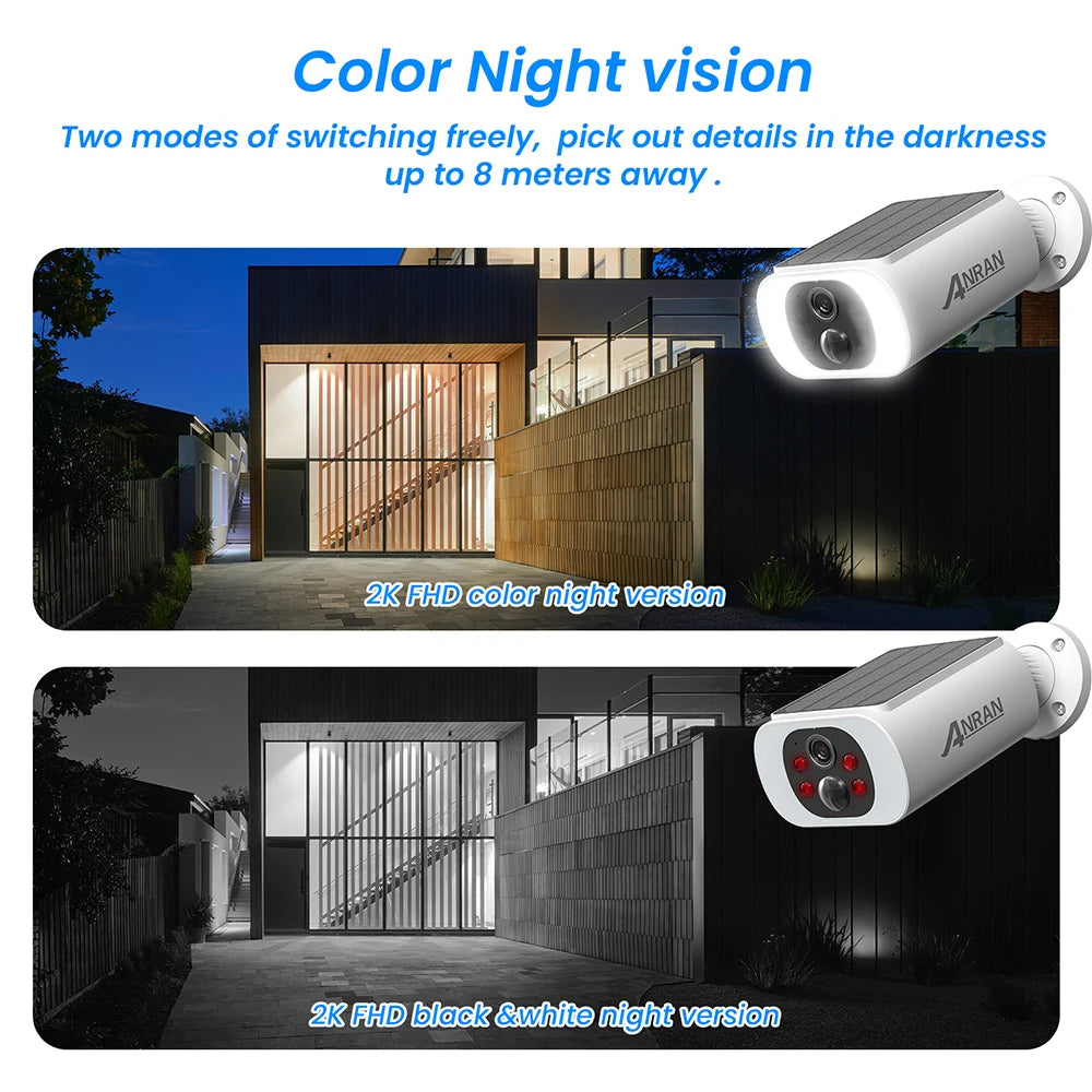 ANRAN 2K Solar Security Camera 3/5MP Outdoor Wireless 2.4G WIFI Camera Battery Cam Floodlight Color Night Vision