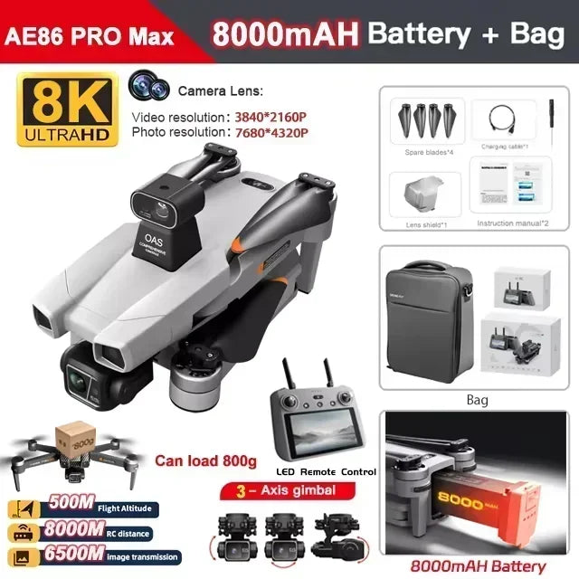 Professional Drone AE86 PRO MAX- Dual Camera GPS Obstacle Avoidance Drone with LED Screen