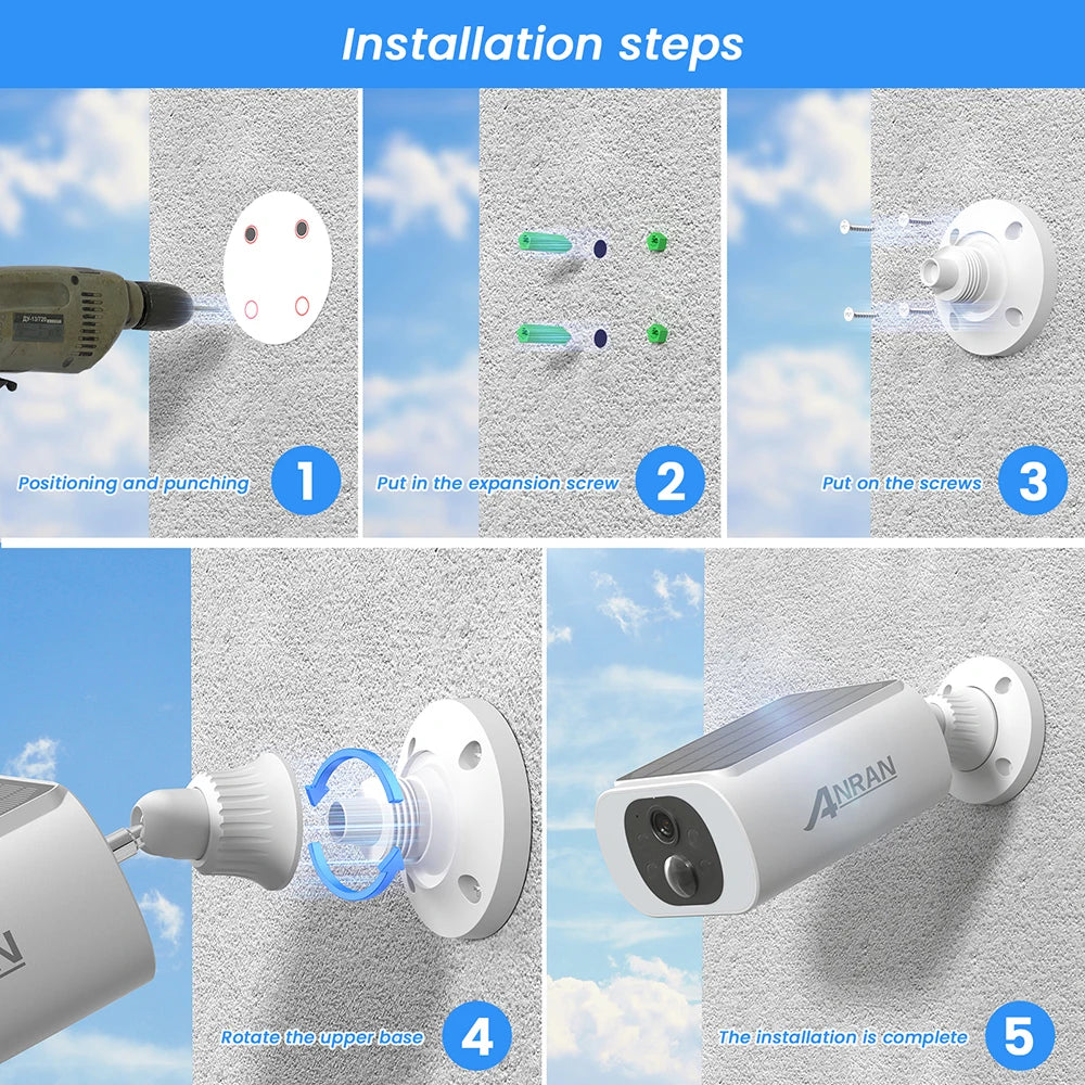 ANRAN 2K Solar Security Camera 3/5MP Outdoor Wireless 2.4G WIFI Camera Battery Cam Floodlight Color Night Vision