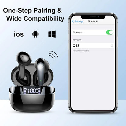 Q13 Bluetooth 5.4 Earbuds | 47H Playtime LED Display | IP7 Waterproof HiFi Sound ENC Mic | Touch Control Wireless Headphones.