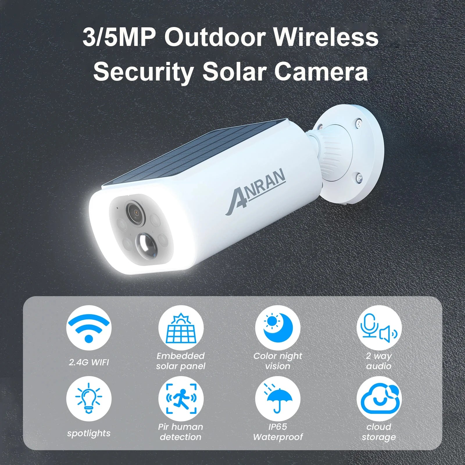 ANRAN 2K Solar Security Camera 3/5MP Outdoor Wireless 2.4G WIFI Camera Battery Cam Floodlight Color Night Vision