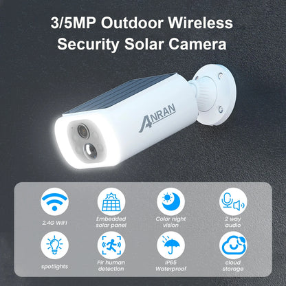 ANRAN 2K Solar Security Camera 3/5MP Outdoor Wireless 2.4G WIFI Camera Battery Cam Floodlight Color Night Vision