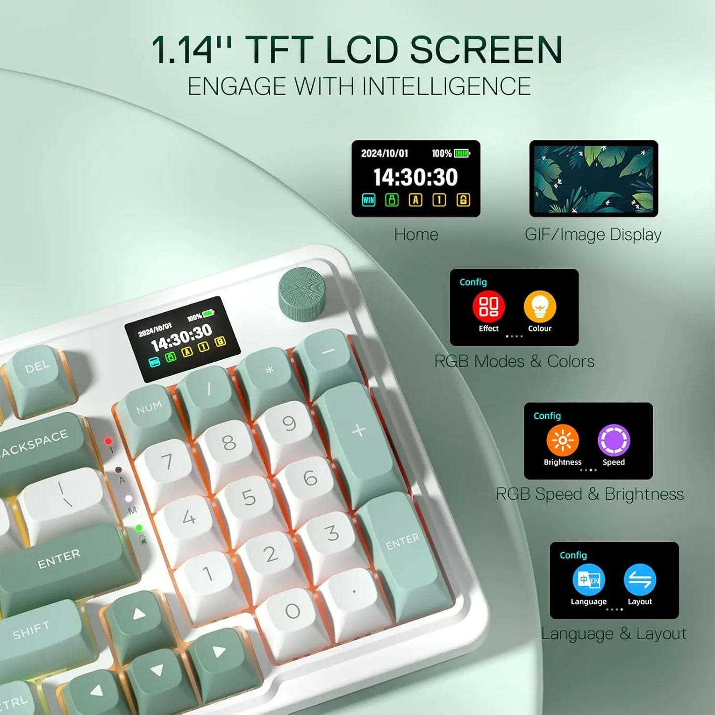 Redragon K719 Wireless Gasket Gaming 95 Keys Mechanical Keyboard,Easy-Control 1.14’’ TFT Info Display,Mint Mambo Switches