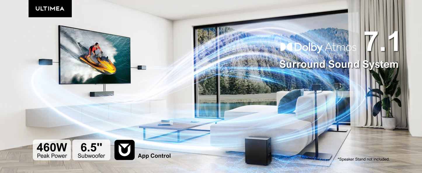 ULTIMEA Poseidon D80 7.1 Surround Soundbar with Dolby Atmos, Wireless Subwoofer&4 Speakers, Home Theater System with APP Control