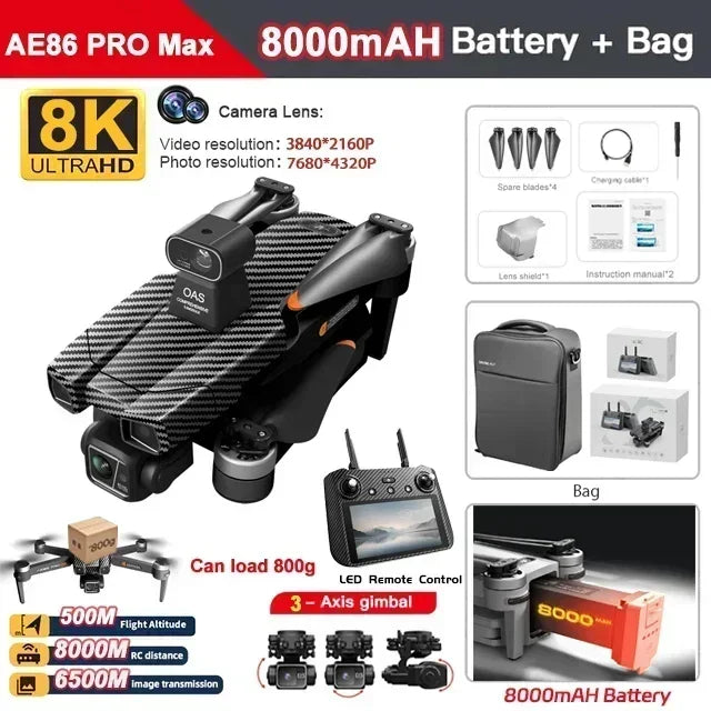 Professional Drone AE86 PRO MAX- Dual Camera GPS Obstacle Avoidance Drone with LED Screen